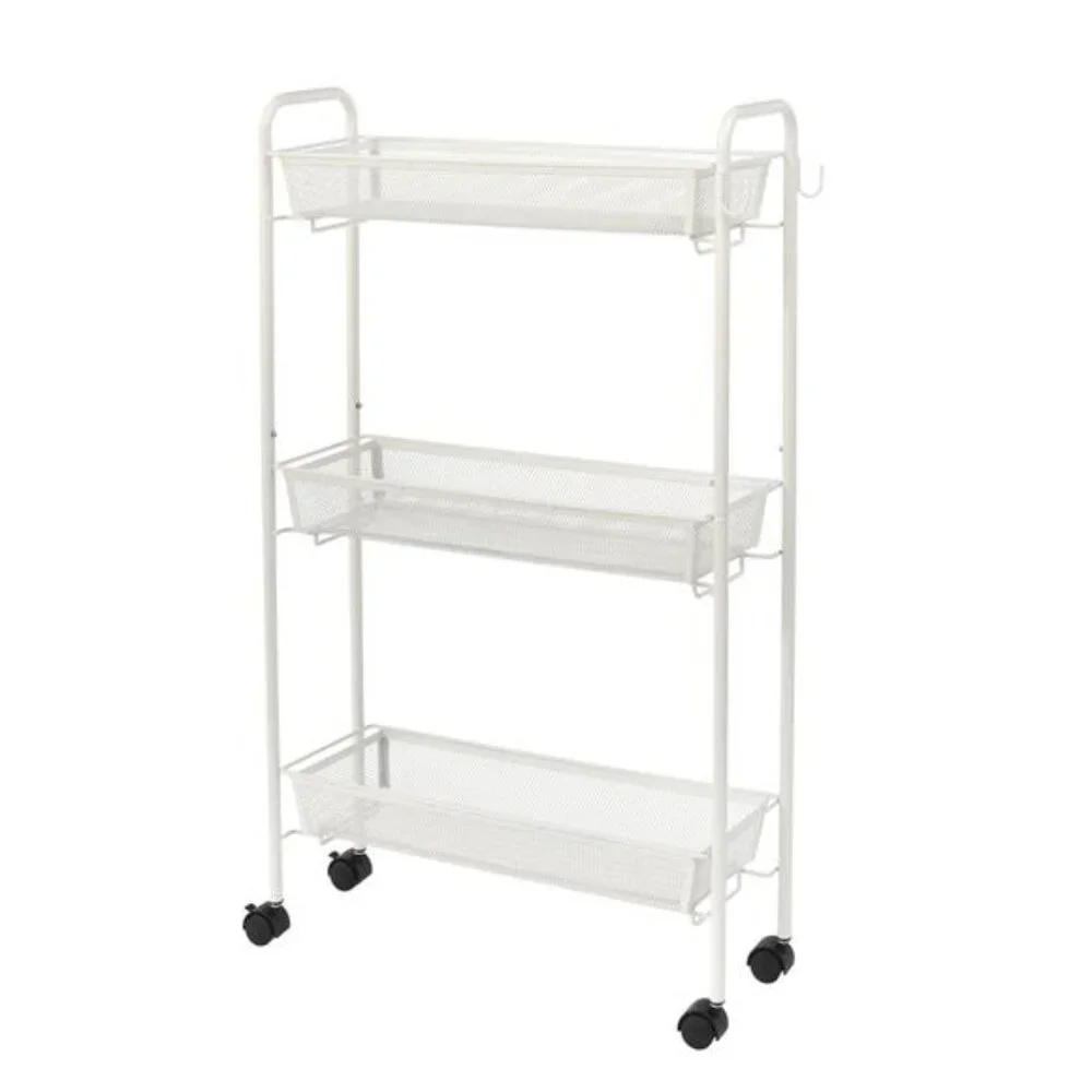 Slim 3-Tier Rolling Bathroom Storage Cart with Hooks, White